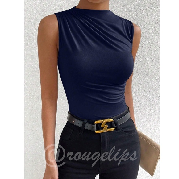Ruched Navy Blue Asymmetrical Sleeveless Shirt Top Stretchy - Picture 7 of 9